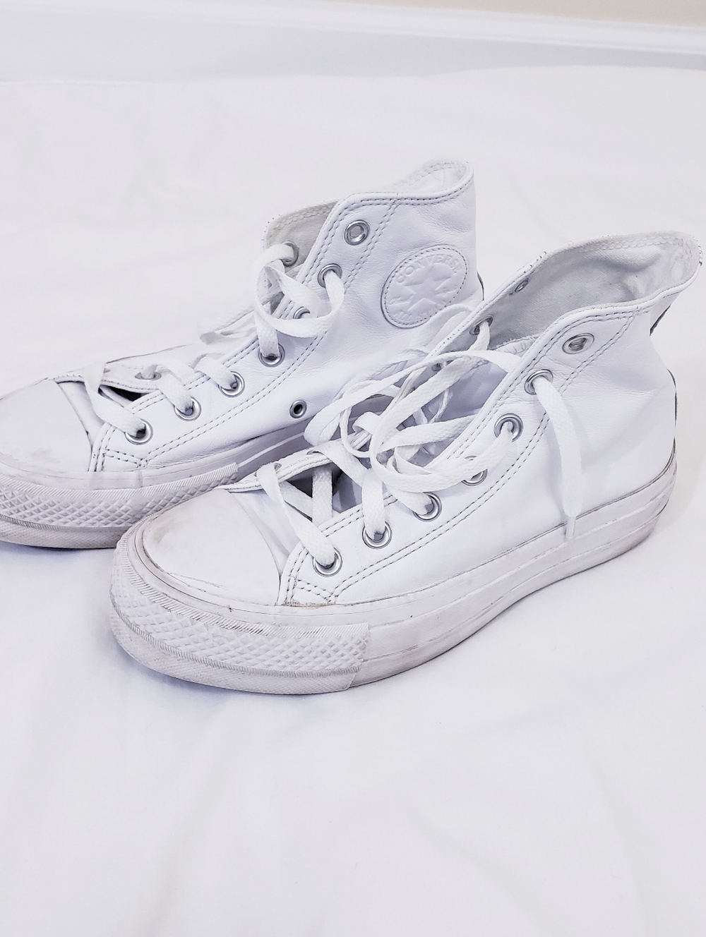 Converse All Star Chuck Taylor White Leather Sneakers High Top Women's 7 Men's 5 - Picture 3 of 9